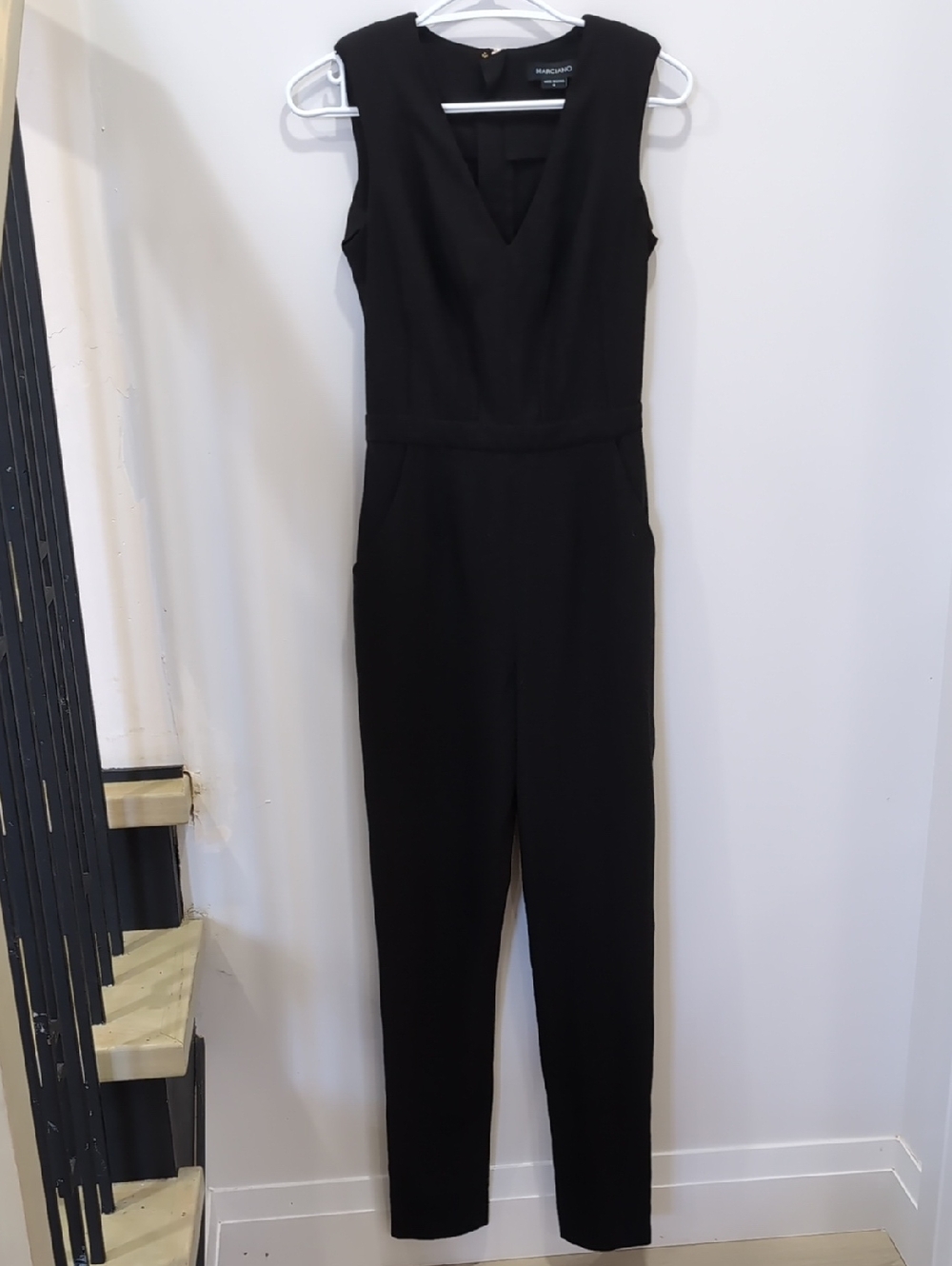 MARCIANO | Women's Black Sleeveless V-Neck Tapered Leg Fitted Jumpsuit